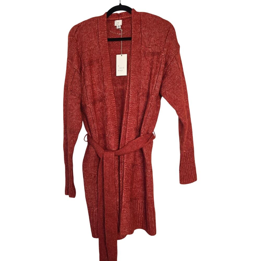A New Day Cardigan Sweater‎ Womens XS Red Belted Longline Open Front Knit Cozy